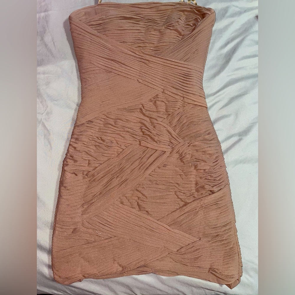 BCBG nude ruched mesh sleeveless dress